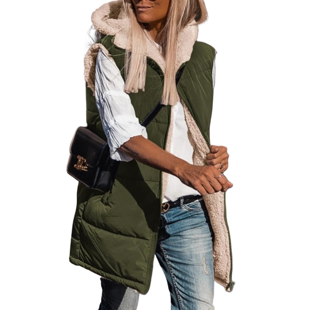 Green Hooded Puffer Vest with Faux Fur Lining